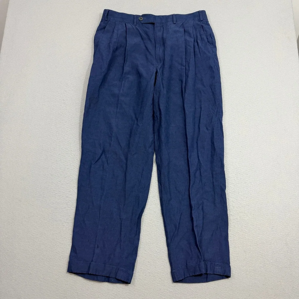 Vintage Samuelsohn Linen Pants Men's 34x30 Blue Pleated Trousers Dress Loose Fit